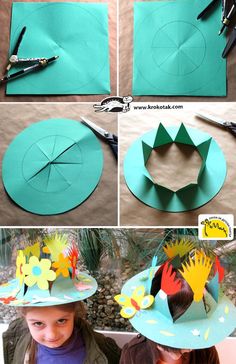 several pictures of different hats made out of construction paper and scissors, with the same hat on top