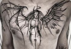 a woman with wings on her chest