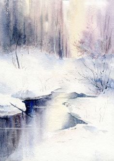 a watercolor painting of a stream in the snow