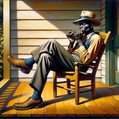 a painting of a man sitting in a rocking chair with his feet up on the ground