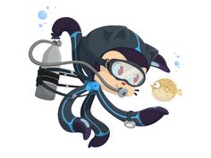 a cartoon scuba diver with a fish in his hand