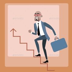 businessman climbing the stairs with briefcase and glasses on his head, cartoon character illustration in flat style