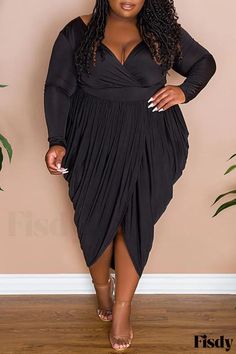 Fisdy - Stylish Plus Size Asymmetrical V-Neck Long Sleeve Dress with Contemporary Patchwork Design - Black Patchwork, Casual, Plus Size Dresses, Manga, Long Sleeve Midi Dress, Long Sleeve Dress, Plus Size Dress, Casual Dress, Long Sleeve Midi