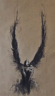 an artistic drawing of a bird with wings spread out, on a brown paper background