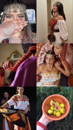 the collage shows different images of women dressed in ethnic garb and headdress
