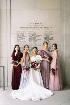Michelle’s classic Mikado ballgown was elevated by an oversized artistic ruffle along the bodice, while her bridesmaids donned dresses in mixed shades of purple and a variety of textiles.