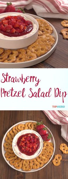strawberry pretzel salad dip on a plate with crackers