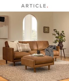 a living room scene with focus on the couch and ottoman