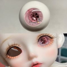 two pictures of a doll with pink eyes and brown eyelashes, one is looking at the camera