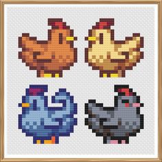 four different types of chickens are shown in this cross - stitch pattern, each with an individual's own image