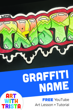 the word graffiti is written in large letters on a black background with a blue border