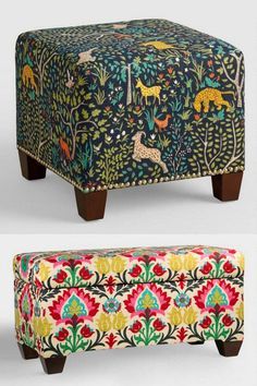 the foot stool is decorated with animals and flowers on it's sides, along with an ottoman cover