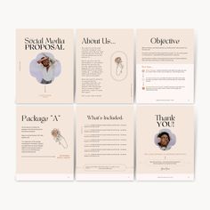 four brochures with the words social media and an image of a woman's head
