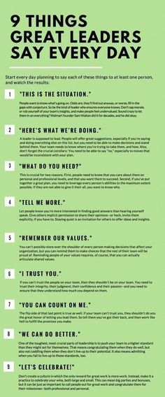 a green poster with the words 9 things great leaders say every day