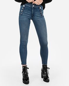 super high waisted denim perfect button front ankle leggings Denim, Casual, Leggings, Ripped High Waisted Jeans, Jeggings, Women's Leggings, High Waisted Denim, Ankle Leggings