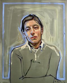 a painting of a man's face in front of a blue and green frame