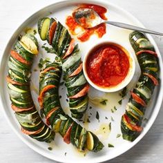 Hasselback Zucchini “Pizzas” - EatingWell.com Brunch, Pesto, Apps, Courgettes, Pizzas, Avocado