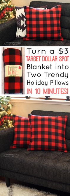 How to Make Holiday Buffalo Check Plaid Pillows from a $3 Target Blanket - Happiness is Homemade Plaid, Winter, Pillows, Flannel Pillows