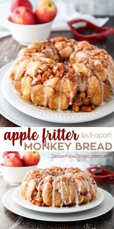 apple fritter monkey bread with cinnamon glaze on top and an image of apples in the background