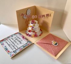 an open card with a birthday cake on it