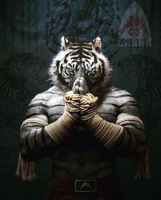 a white tiger standing with his hands on his chest