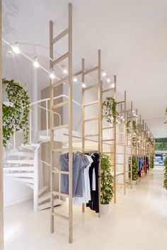 the retail space is filled with plants and clothing racks that are hanging on wooden shelves