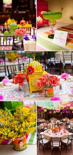 several pictures of different tables and chairs with flowers on them, including one for the centerpieces
