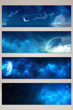 three banners with stars and planets in the sky