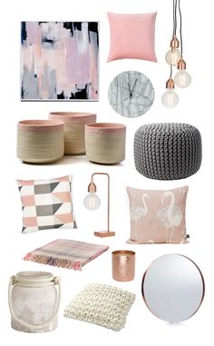 a room filled with lots of pink and grey items on top of a white table