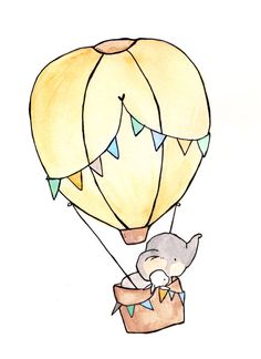 a drawing of a hot air balloon flying in the sky with a cat on it