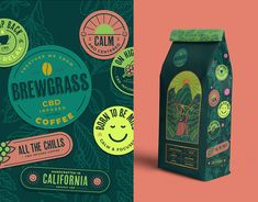two bags of coffee next to each other on a pink and green background with colorful labels
