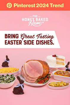 Set the Easter dinner or brunch table with a delicious Honey Baked Ham Meal this holiday. The Signature Bone-In Half Ham meal includes a 8lb or 9lb Bone-In Half Ham handcrafted in store with our sweet and crunchy glaze. Mix and match your choice of four Heat and Serve sides, from Tuscan-Style Broccoli, Baked Cinnamon Apples, Maple Sweet Potato Soufflé, Loaded Smashed Potatoes, Country Cornbread Stuffing, Savory Gravy, Double Cheddar Macaroni and Cheese, and delicious Coconut Cake for dessert. Brunch, Dessert, Pink, Calvin Klein, Macaroni Cheese, Country Cornbread, Cornbread Stuffing, Honey Baked Ham, Maple Sweet Potatoes