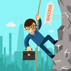 business man climbing up the side of a mountain holding a sign with success on it