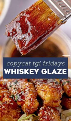 a close up of food on a plate with the words copycat tgi friday's whiskey glaze