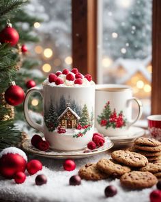 two cups and saucers filled with cookies next to a christmas tree