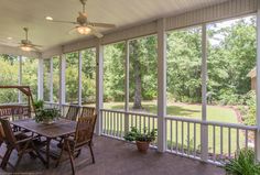 a screened porch with chairs and table on it