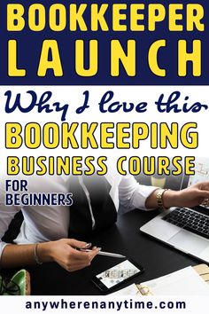 the bookkeeper's launch poster is shown with two people working on laptops