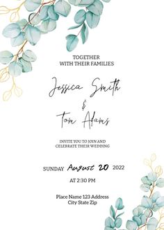 a wedding card with eucalyptus leaves on it