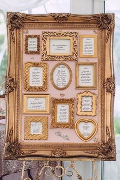 an ornate gold framed wedding seating chart