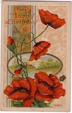 an old birthday card with red flowers on it