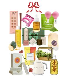 a collage of various items that include soaps, candles and other things