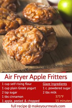 an advertisement for air fryer apple fritters on a cutting board with apples in the background