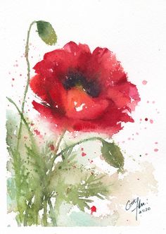 a watercolor painting of a red flower