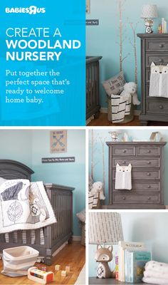 The dream nursery…take it step by step! First, choose a crib you love, plus a matching dresser (shown: Oxford Baby’s Richmond collection). Next, the so-much-fun part: add a crib bedding set and matching décor to carry a theme, like a fave animal, sport, or even a color. Here, gray furniture and a #woodland theme work beautifully. #nurseryideas #babiesroom Oxford, Woodland Nursery