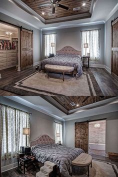 two pictures of a bedroom with wood paneling and ceiling fan in the middle one has a bed on it