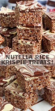 nutella rice krispie treats stacked on top of each other with text overlay