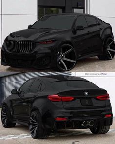 the front and back view of a black bmw suv with chrome rims on it