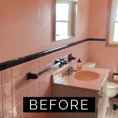 a bathroom with pink tile and black trim on the walls before and after remodeling