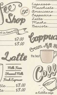 the menu for coffee shop is shown in black and white