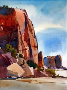 watercolor painting of rocks and trees on the beach